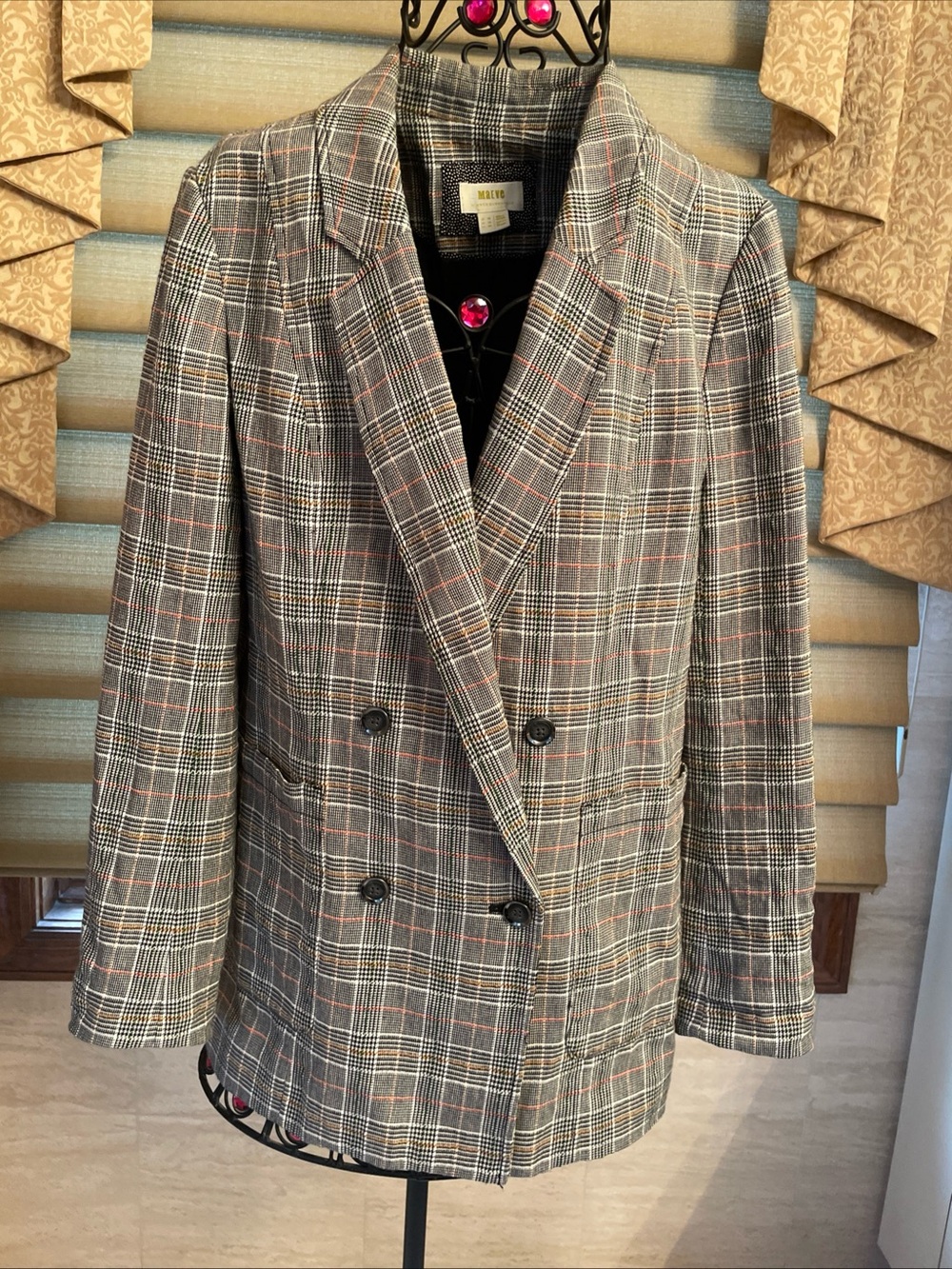 Maeve Anthropologie Glen Plaid Double-Breasted Blazer Sz 12 Pockets/Lined